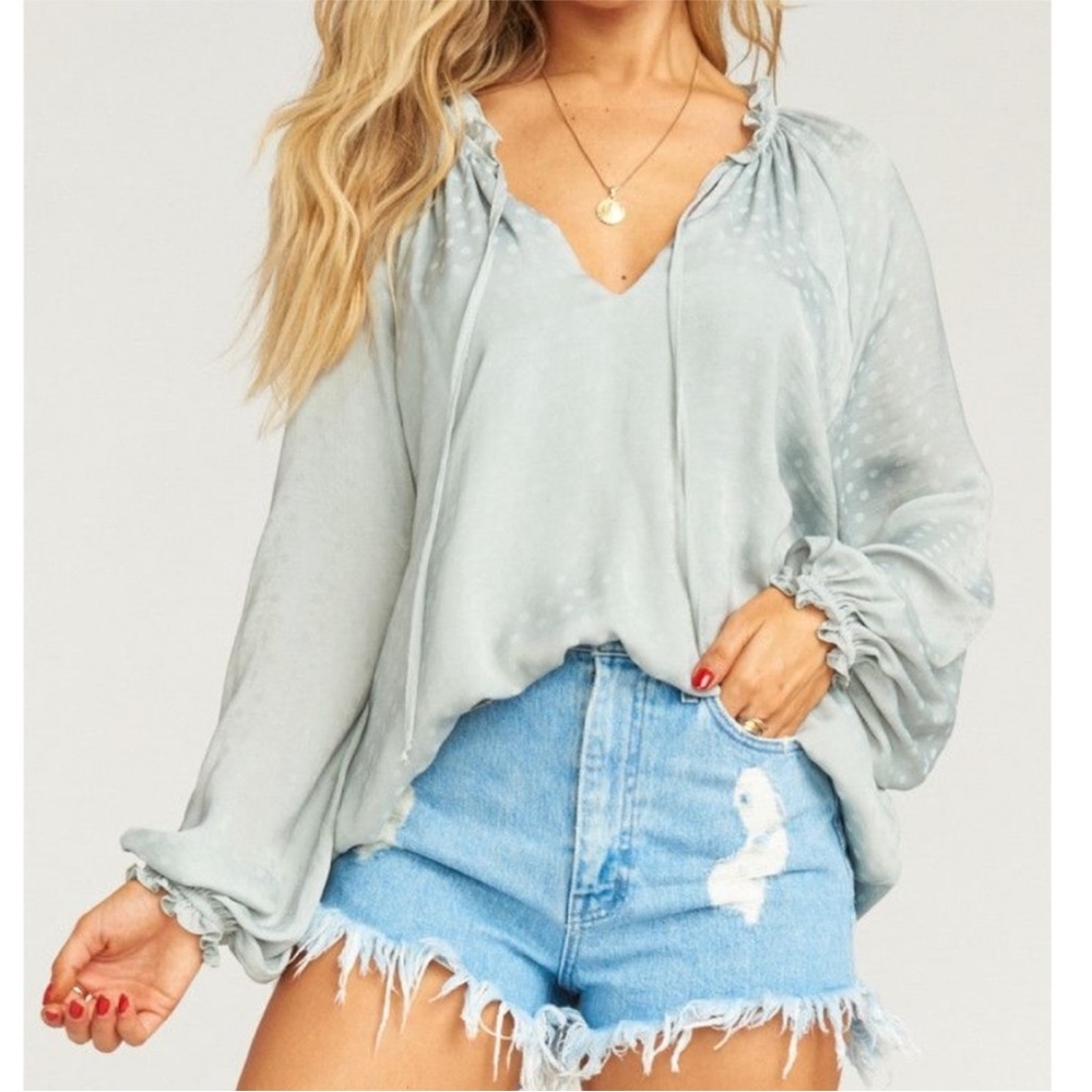 Show Me Your Mumu Sage Charlene Polka Dot Tunic Top Ruffle V Neck Blouse Large